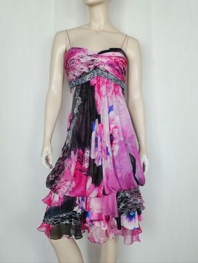 Y2k Alberto Makali silk draped bubble hem tiered dress M 12